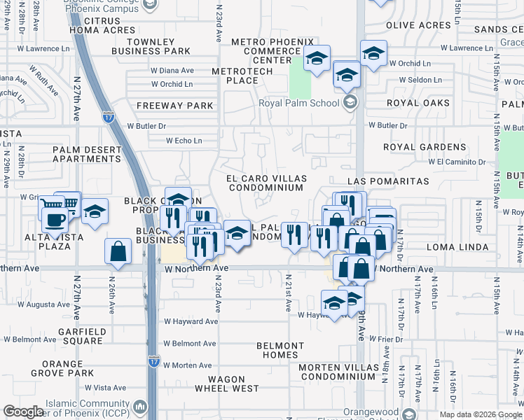 map of restaurants, bars, coffee shops, grocery stores, and more near 8025 North 21st Drive in Phoenix