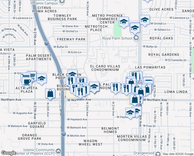 map of restaurants, bars, coffee shops, grocery stores, and more near 8246 North 22nd Drive in Phoenix