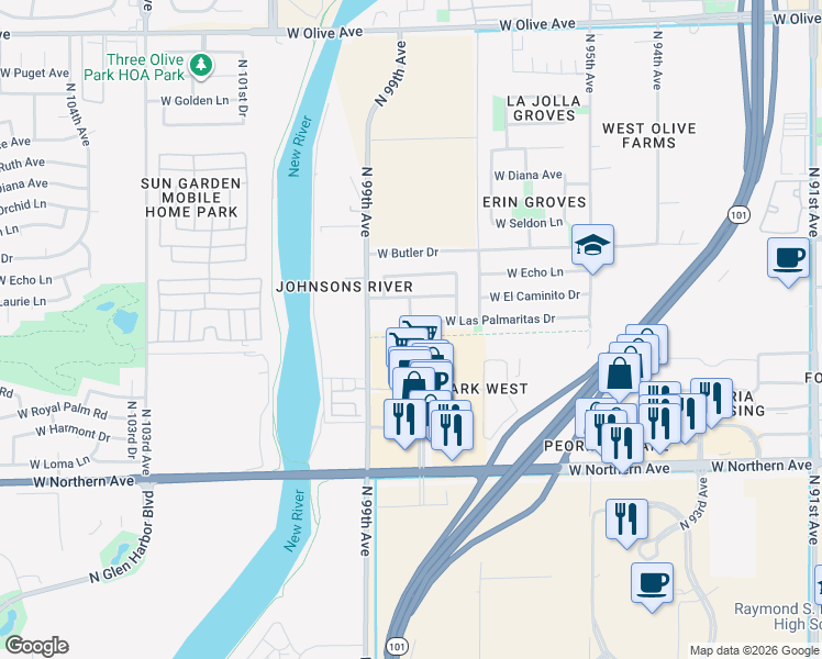 map of restaurants, bars, coffee shops, grocery stores, and more near 9824 West Las Palmaritas Drive in Peoria