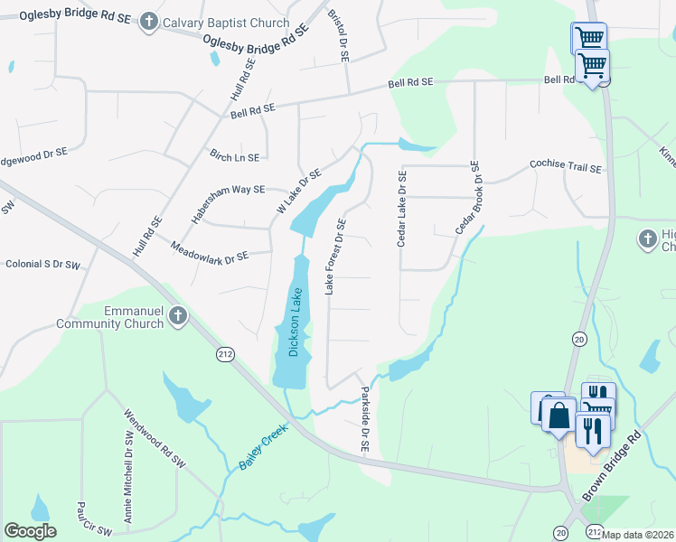 map of restaurants, bars, coffee shops, grocery stores, and more near 4956 Lake Forest Drive Southeast in Conyers