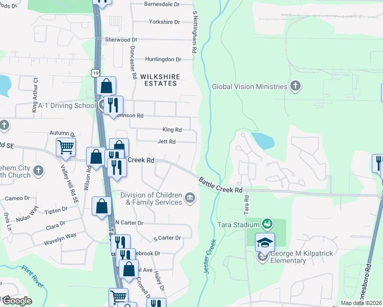 map of restaurants, bars, coffee shops, grocery stores, and more near 897 King Road in Jonesboro