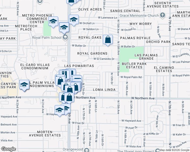 map of restaurants, bars, coffee shops, grocery stores, and more near 1638 West Griswold Road in Phoenix