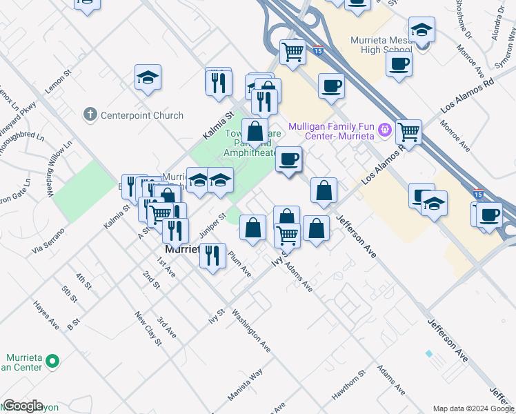 map of restaurants, bars, coffee shops, grocery stores, and more near 24731 Valleywalk Street in Murrieta