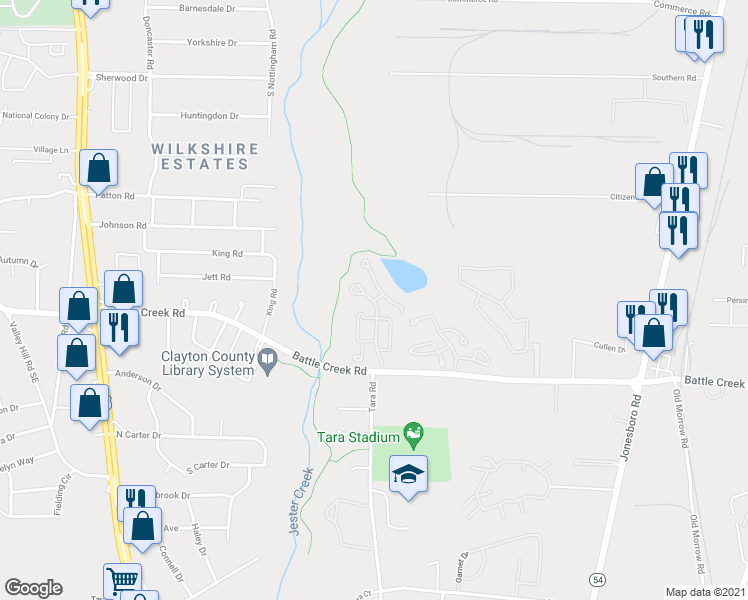 map of restaurants, bars, coffee shops, grocery stores, and more near 1801 Chaselake Drive in Jonesboro