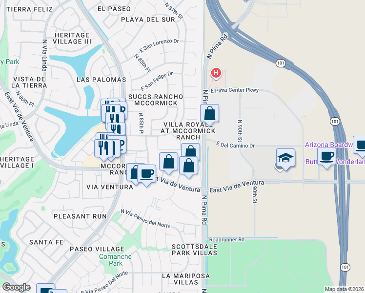 map of restaurants, bars, coffee shops, grocery stores, and more near 8651-8649 East Royal Palm Road in Scottsdale