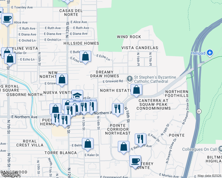 map of restaurants, bars, coffee shops, grocery stores, and more near 1513 East Griswold Road in Phoenix