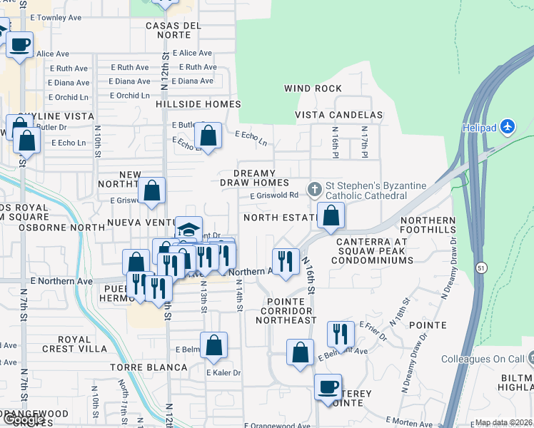 map of restaurants, bars, coffee shops, grocery stores, and more near 1513 East Griswold Road in Phoenix