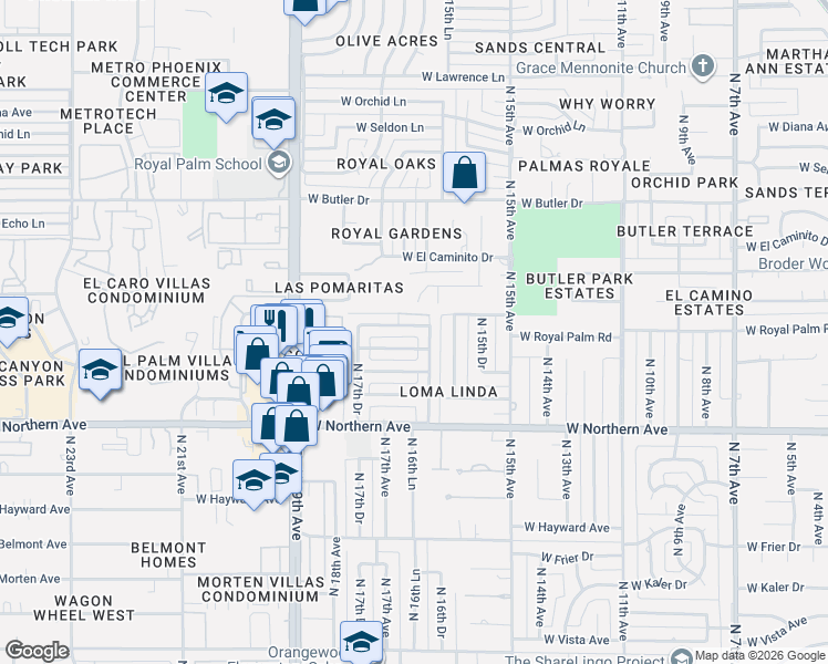 map of restaurants, bars, coffee shops, grocery stores, and more near 1638 West Griswold Road in Phoenix