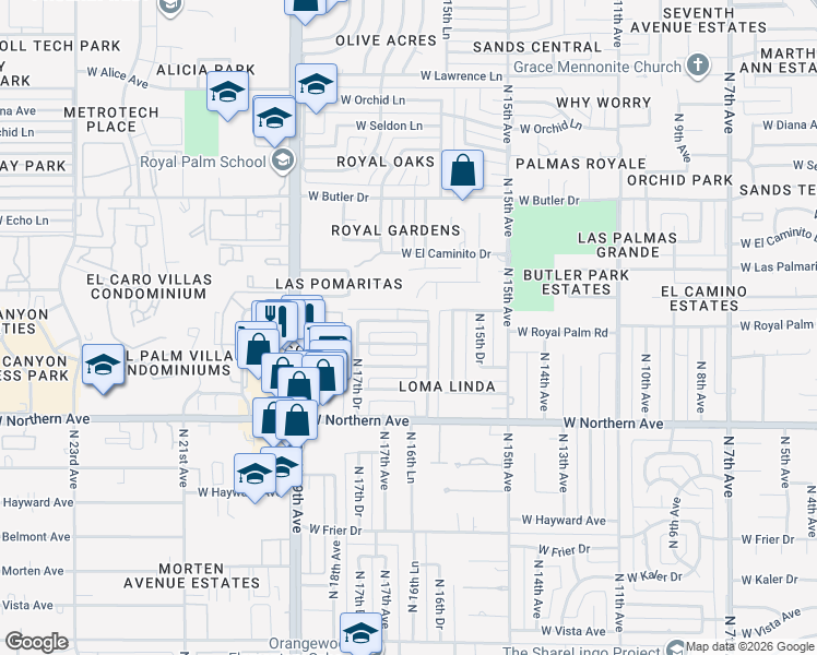 map of restaurants, bars, coffee shops, grocery stores, and more near 1638 West Griswold Road in Phoenix