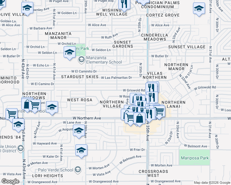 map of restaurants, bars, coffee shops, grocery stores, and more near 3628 West Griswold Road in Phoenix