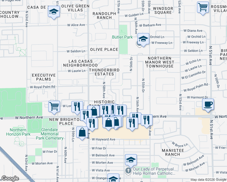 map of restaurants, bars, coffee shops, grocery stores, and more near 5701 West Royal Palm Road in Glendale