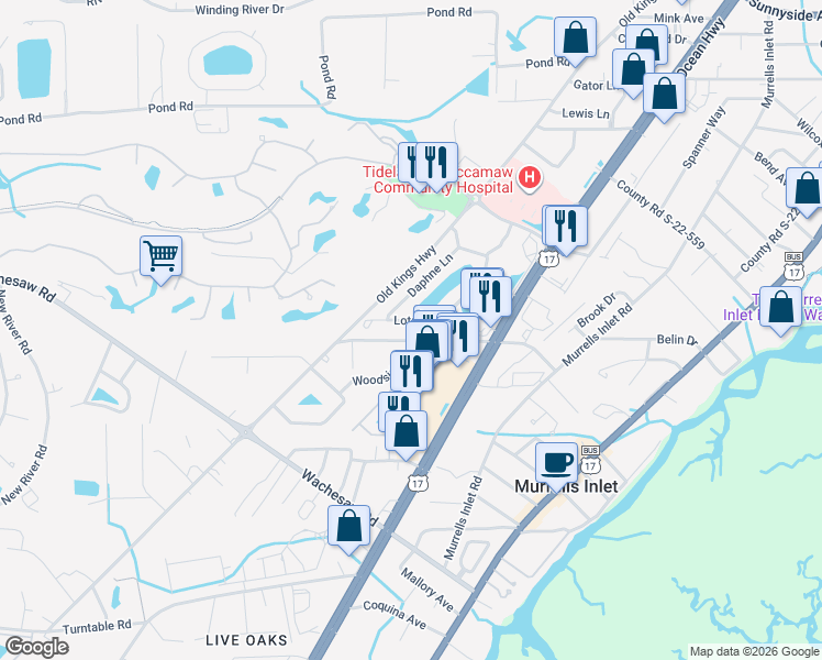map of restaurants, bars, coffee shops, grocery stores, and more near 4310 Lotus Court in Murrells Inlet