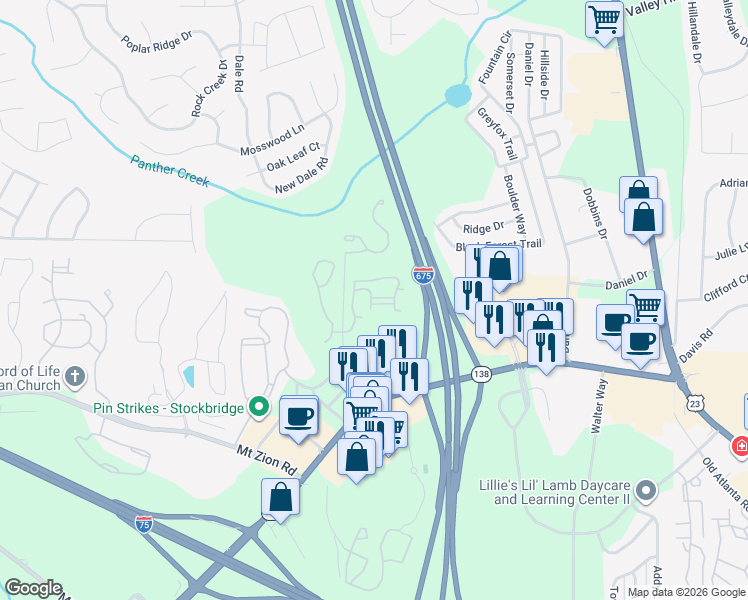 map of restaurants, bars, coffee shops, grocery stores, and more near 7305 Georgia 138 in Stockbridge