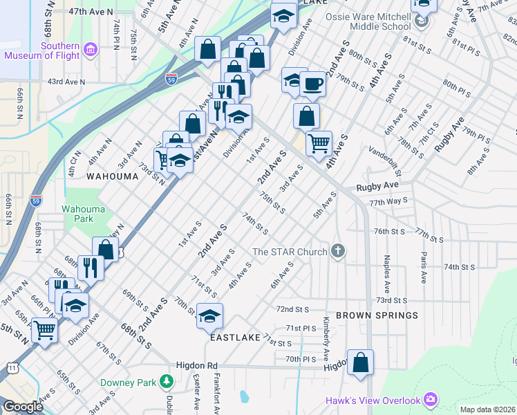map of restaurants, bars, coffee shops, grocery stores, and more near 7432 3rd Avenue South in Birmingham