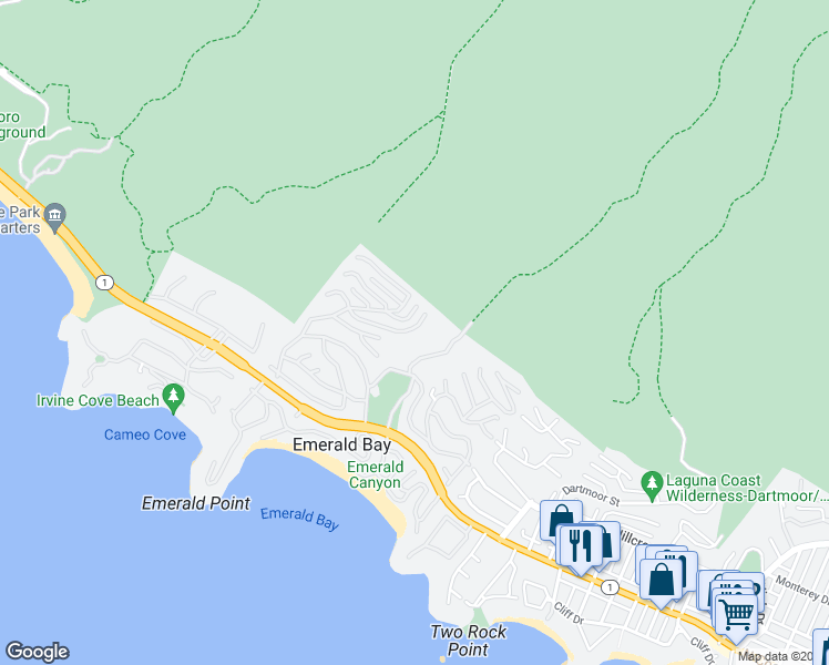 map of restaurants, bars, coffee shops, grocery stores, and more near 1131 Emerald Bay in Laguna Beach
