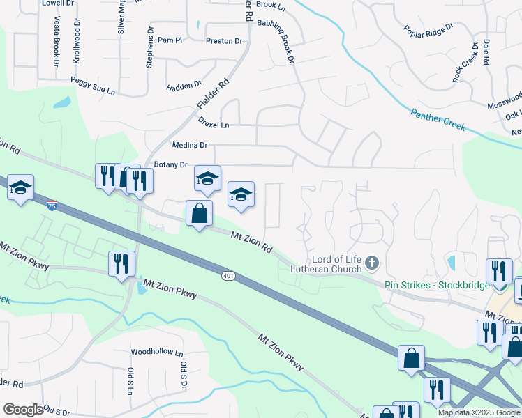 map of restaurants, bars, coffee shops, grocery stores, and more near 7233 Mountain Laurel Way in Stockbridge
