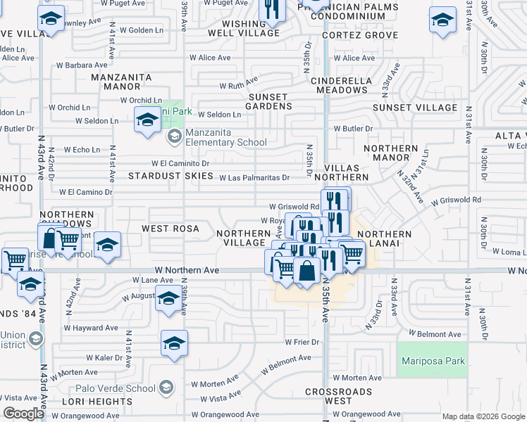 map of restaurants, bars, coffee shops, grocery stores, and more near 3628 West Griswold Road in Phoenix