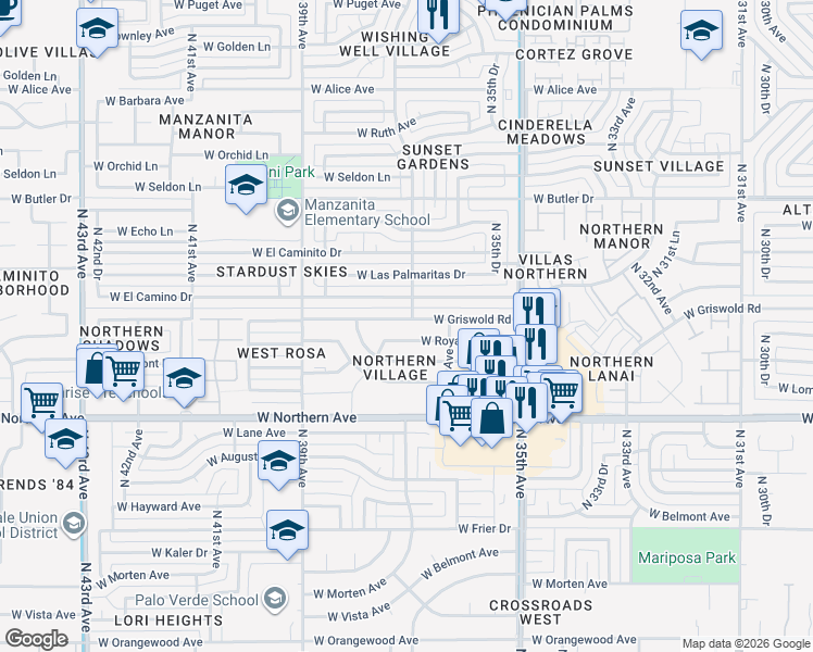 map of restaurants, bars, coffee shops, grocery stores, and more near 3628 West Griswold Road in Phoenix