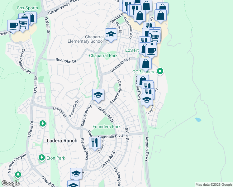 map of restaurants, bars, coffee shops, grocery stores, and more near 25 Bellflower Street in Ladera Ranch