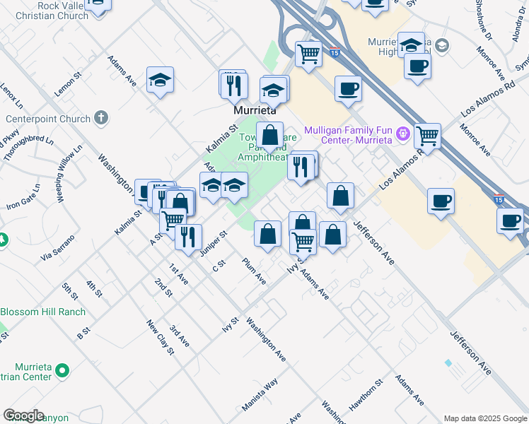 map of restaurants, bars, coffee shops, grocery stores, and more near 41764 Ridgewalk Street in Murrieta