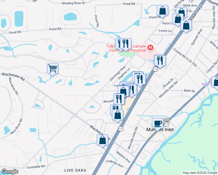 map of restaurants, bars, coffee shops, grocery stores, and more near 4319 Lotus Court in Murrells Inlet