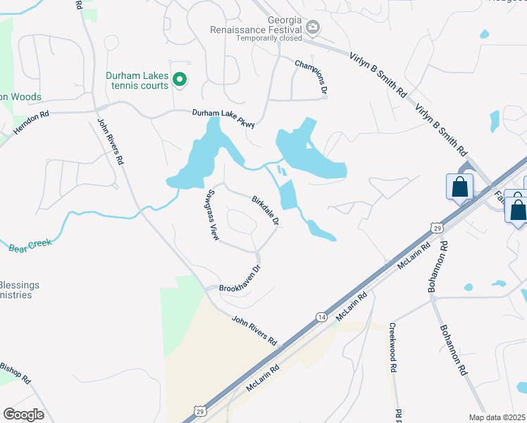map of restaurants, bars, coffee shops, grocery stores, and more near 590 Birkdale Drive in Fairburn