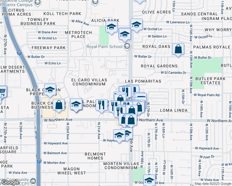 map of restaurants, bars, coffee shops, grocery stores, and more near 1905 West Las Palmaritas Drive in Phoenix