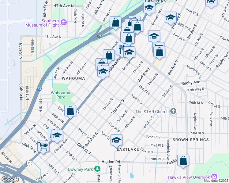 map of restaurants, bars, coffee shops, grocery stores, and more near 7308 1st Avenue South in Birmingham