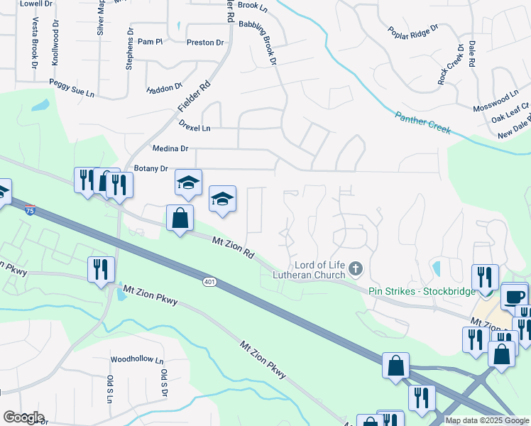 map of restaurants, bars, coffee shops, grocery stores, and more near 7248 Mountain Laurel Way in Stockbridge