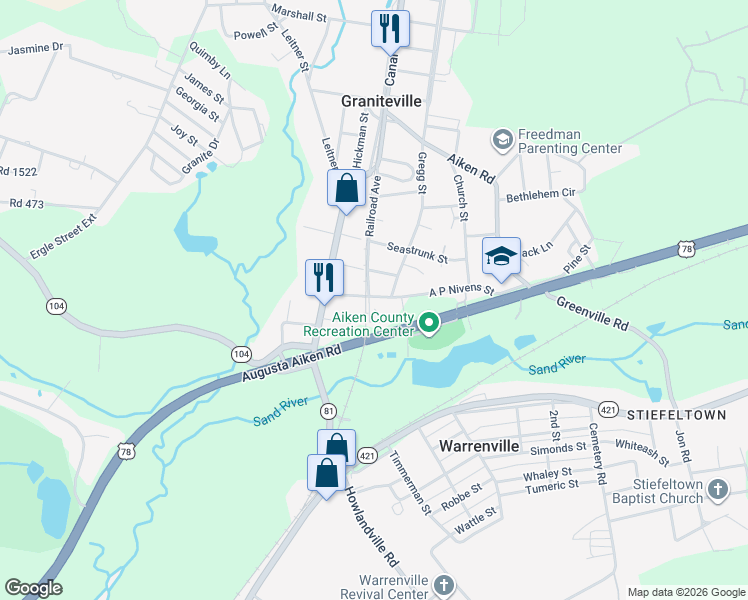 map of restaurants, bars, coffee shops, grocery stores, and more near 317 Railroad Street in Graniteville