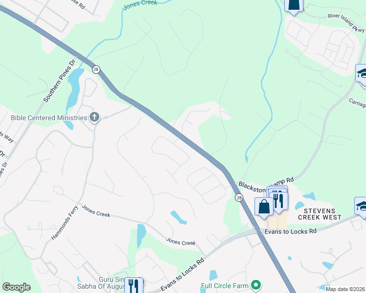 map of restaurants, bars, coffee shops, grocery stores, and more near 3495 Greenway Drive in Evans