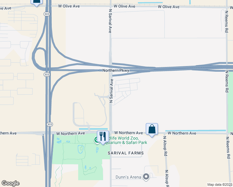 map of restaurants, bars, coffee shops, grocery stores, and more near 8001-8397 North Sarival Road in Waddell