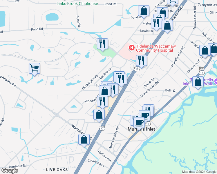 map of restaurants, bars, coffee shops, grocery stores, and more near 4310 Lotus Court in Murrells Inlet