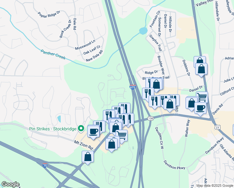 map of restaurants, bars, coffee shops, grocery stores, and more near 7305 Georgia 138 in Stockbridge