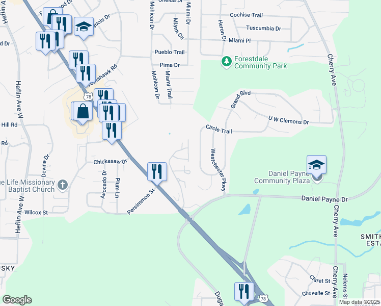 map of restaurants, bars, coffee shops, grocery stores, and more near 1153 Pebble Creek Parkway in Birmingham