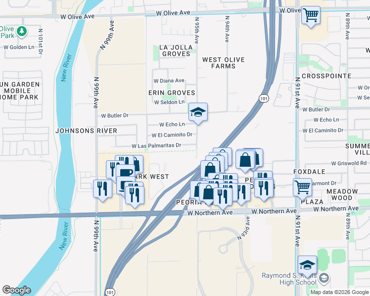 map of restaurants, bars, coffee shops, grocery stores, and more near 9514 West Las Palmaritas Drive in Peoria