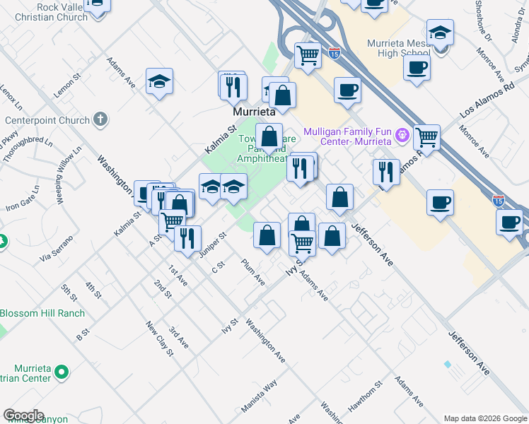 map of restaurants, bars, coffee shops, grocery stores, and more near 41764 Ridgewalk Street in Murrieta