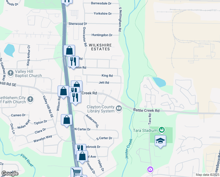 map of restaurants, bars, coffee shops, grocery stores, and more near 7259 Mayfair Circle in Jonesboro