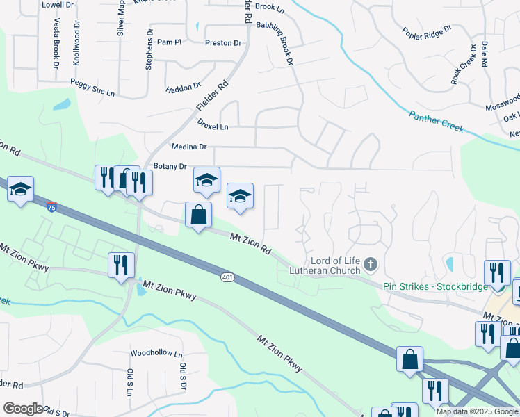 map of restaurants, bars, coffee shops, grocery stores, and more near 7233 Mountain Laurel Way in Stockbridge