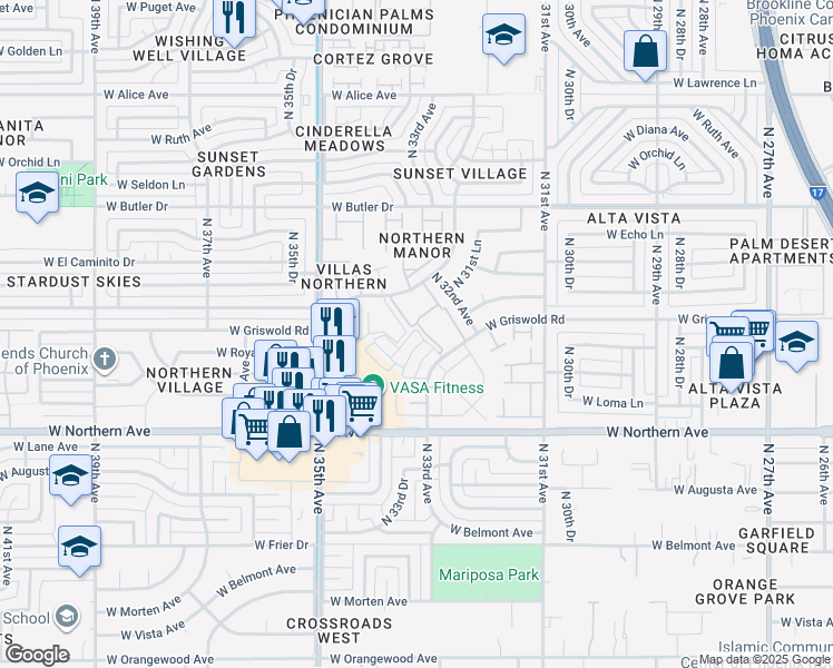 map of restaurants, bars, coffee shops, grocery stores, and more near 8136 North 33rd Drive in Phoenix