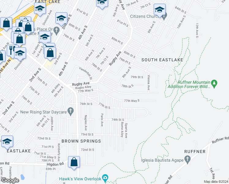 map of restaurants, bars, coffee shops, grocery stores, and more near 800 Vanderbilt Street in Birmingham