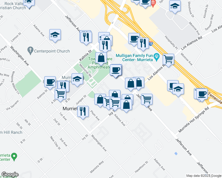 map of restaurants, bars, coffee shops, grocery stores, and more near 24844 Ambervalley Avenue in Murrieta