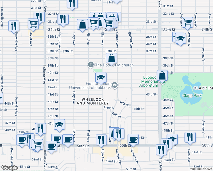 map of restaurants, bars, coffee shops, grocery stores, and more near 2818 42nd Street in Lubbock