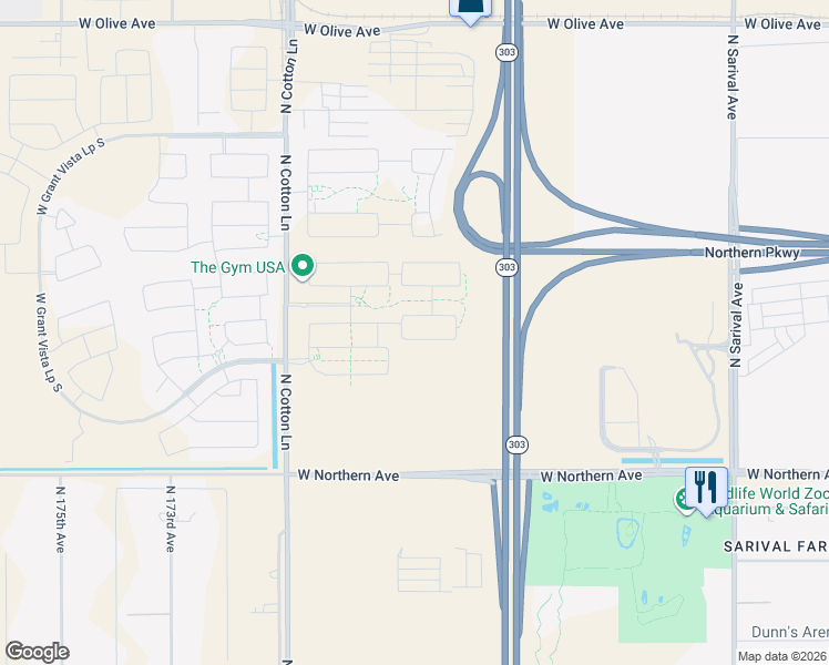 map of restaurants, bars, coffee shops, grocery stores, and more near Arizona State Route 303 in Waddell