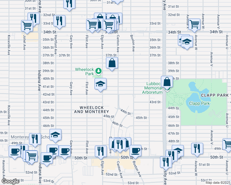 map of restaurants, bars, coffee shops, grocery stores, and more near 2804 42nd Street in Lubbock