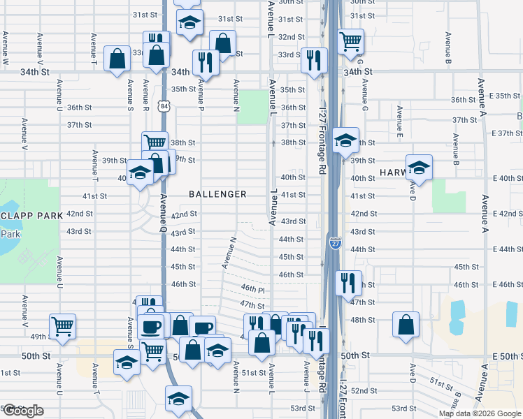 map of restaurants, bars, coffee shops, grocery stores, and more near 1310 42nd Street in Lubbock