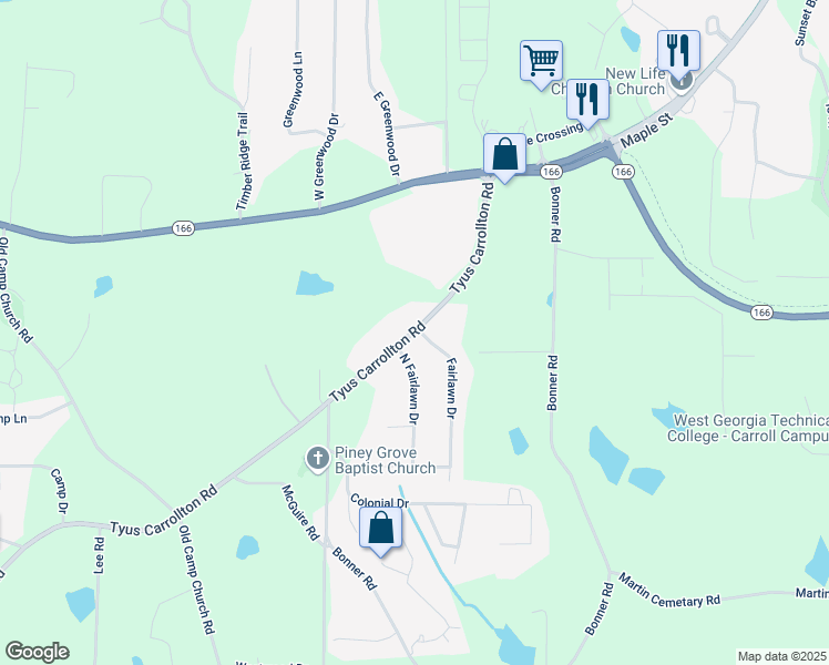 map of restaurants, bars, coffee shops, grocery stores, and more near 208 Tyus Carrollton Road in Carrollton