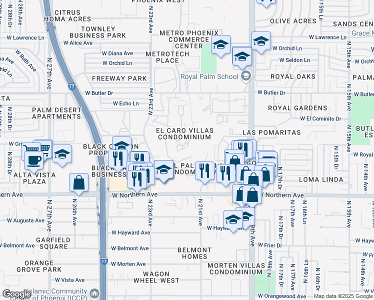 map of restaurants, bars, coffee shops, grocery stores, and more near 8025 North 21st Drive in Phoenix