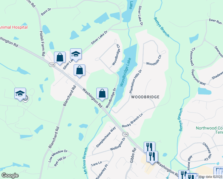 map of restaurants, bars, coffee shops, grocery stores, and more near 4724 Woodbridge Drive in Evans