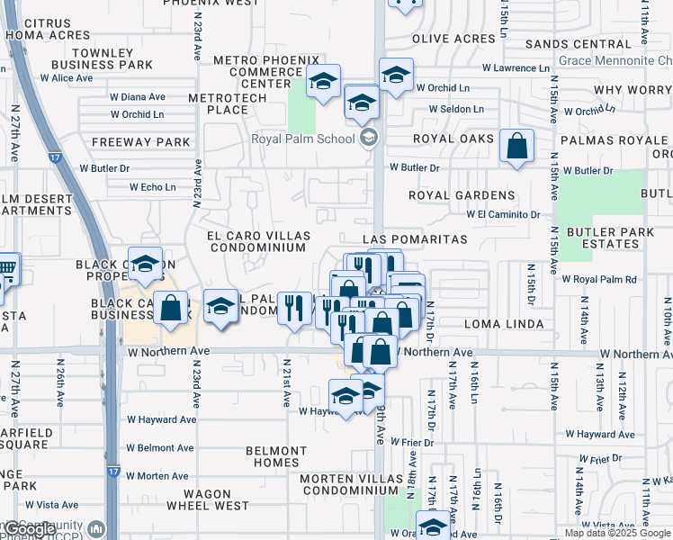 map of restaurants, bars, coffee shops, grocery stores, and more near 1998 West Las Palmaritas Drive in Phoenix